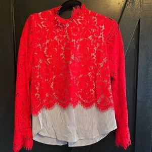 Red lace blouse with built in pin striped underlay: worn once.